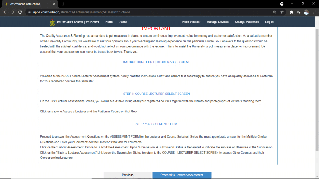 KNUST STUDENTS PORTAL: Lecture Assessment Window