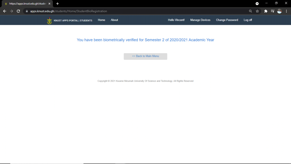 KNUST STUDENTS PORTAL: Biometric Verification Window