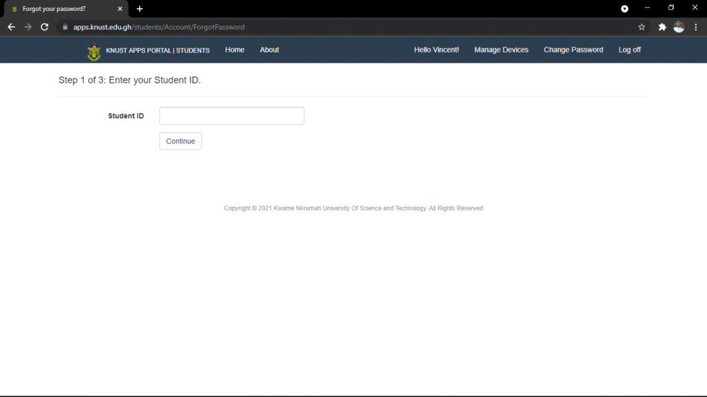 KNUST STUDENTS PORTAL: Password Reset Window