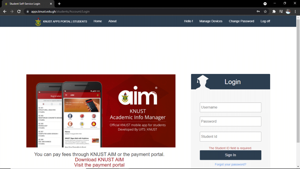 Knust Students Portal Interface, knust AIM app