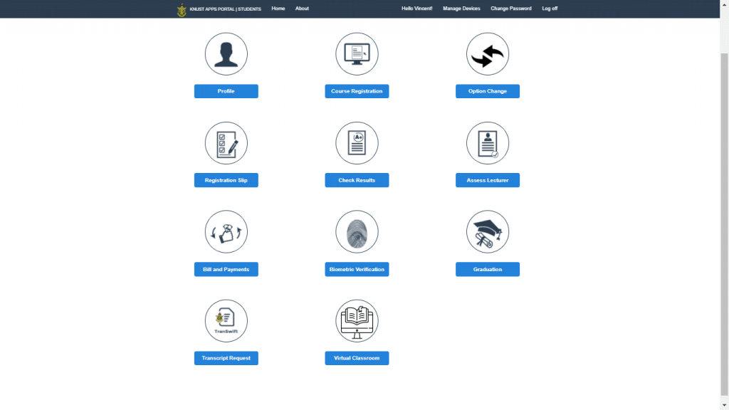 KNUST Students Portal Window Sections 