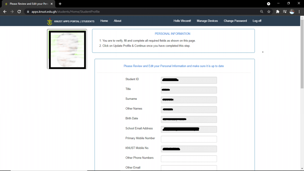 KNUST STUDENTS PORTAL: Profile Section