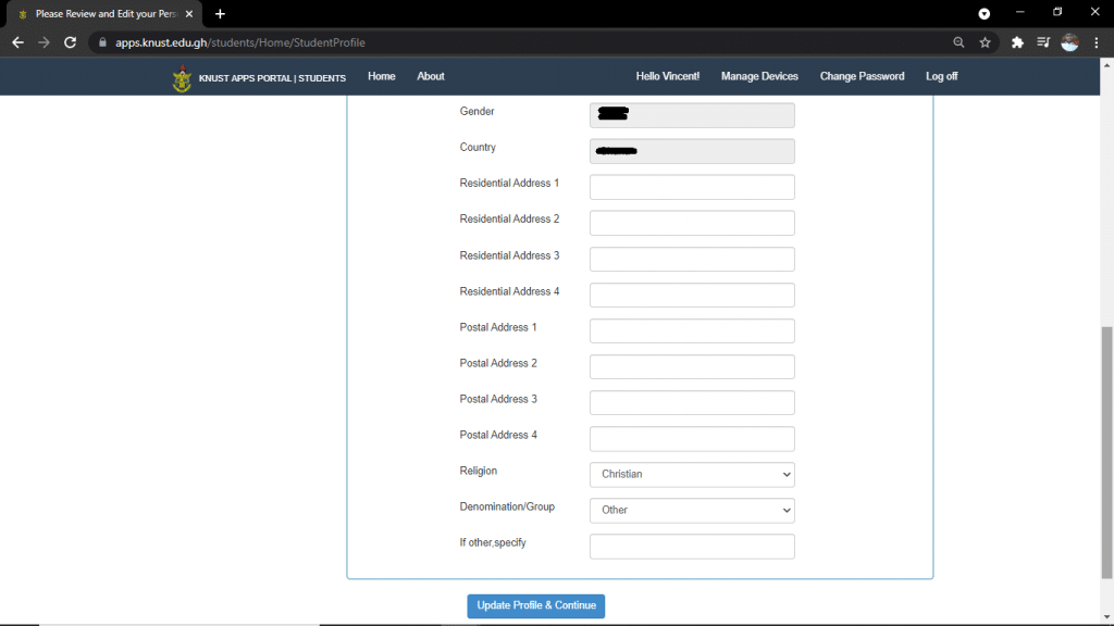 KNUST STUDENTS PORTAL: Profile Section