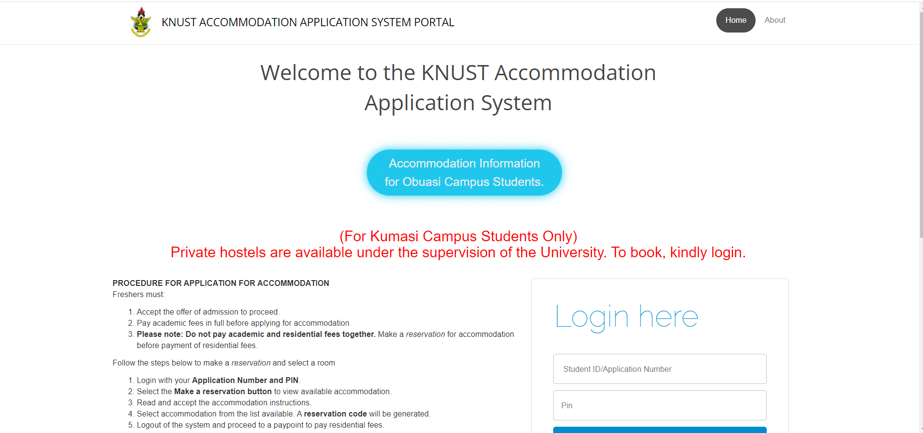 KNUST accommodation portal